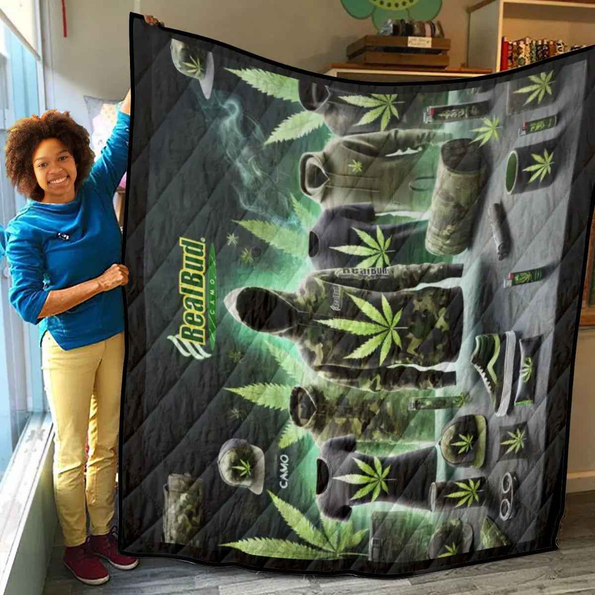 RealBud Camo Lightweight Quilt - Breathable Adventure Quilt with Edge-Wrapping Strips and Iconic RBC Guy Design - RealBud Camo