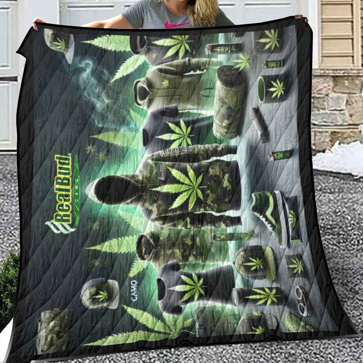 RealBud Camo Lightweight Quilt - Breathable Adventure Quilt with Edge-Wrapping Strips and Iconic RBC Guy Design - RealBud Camo